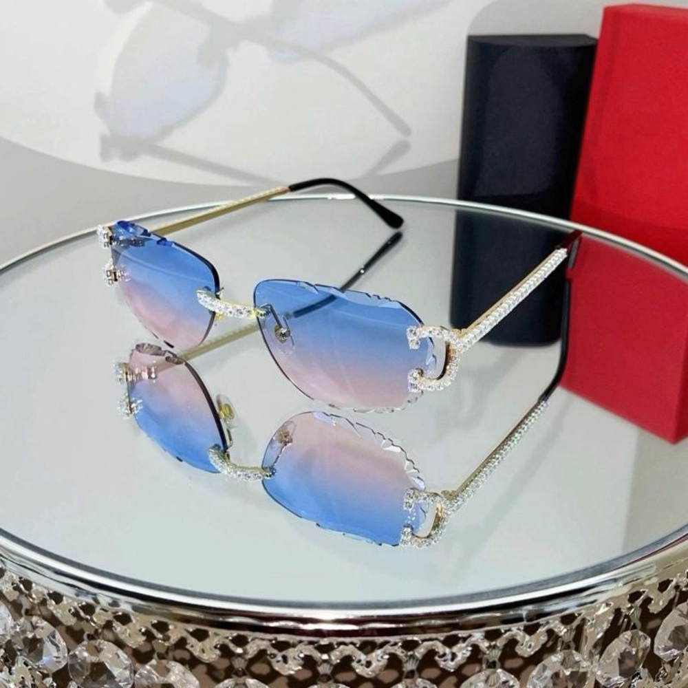 Luxury Rimless Round Cut Sunglasses Blue Pink Gradient Lens Gold Frame Diamond